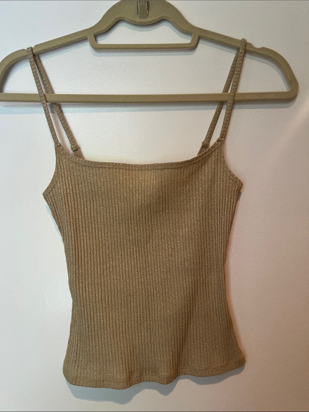 Reformation Ribbed Shimmery Spaghetti Strap Tank Top - Gold